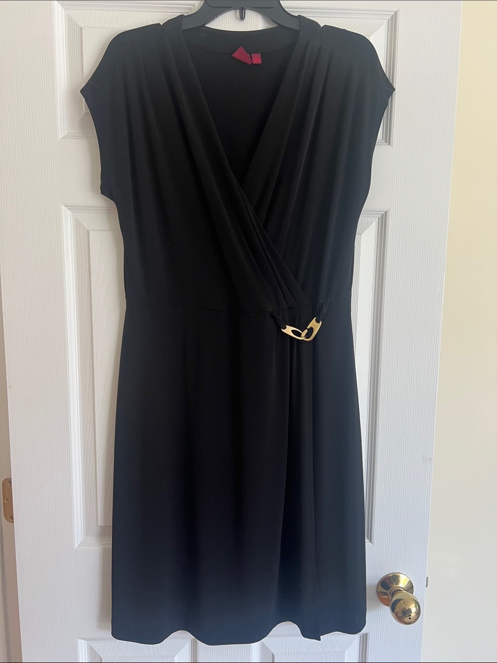 212 Collection Black Midi Faux-Wrap Dress with Gold Accent